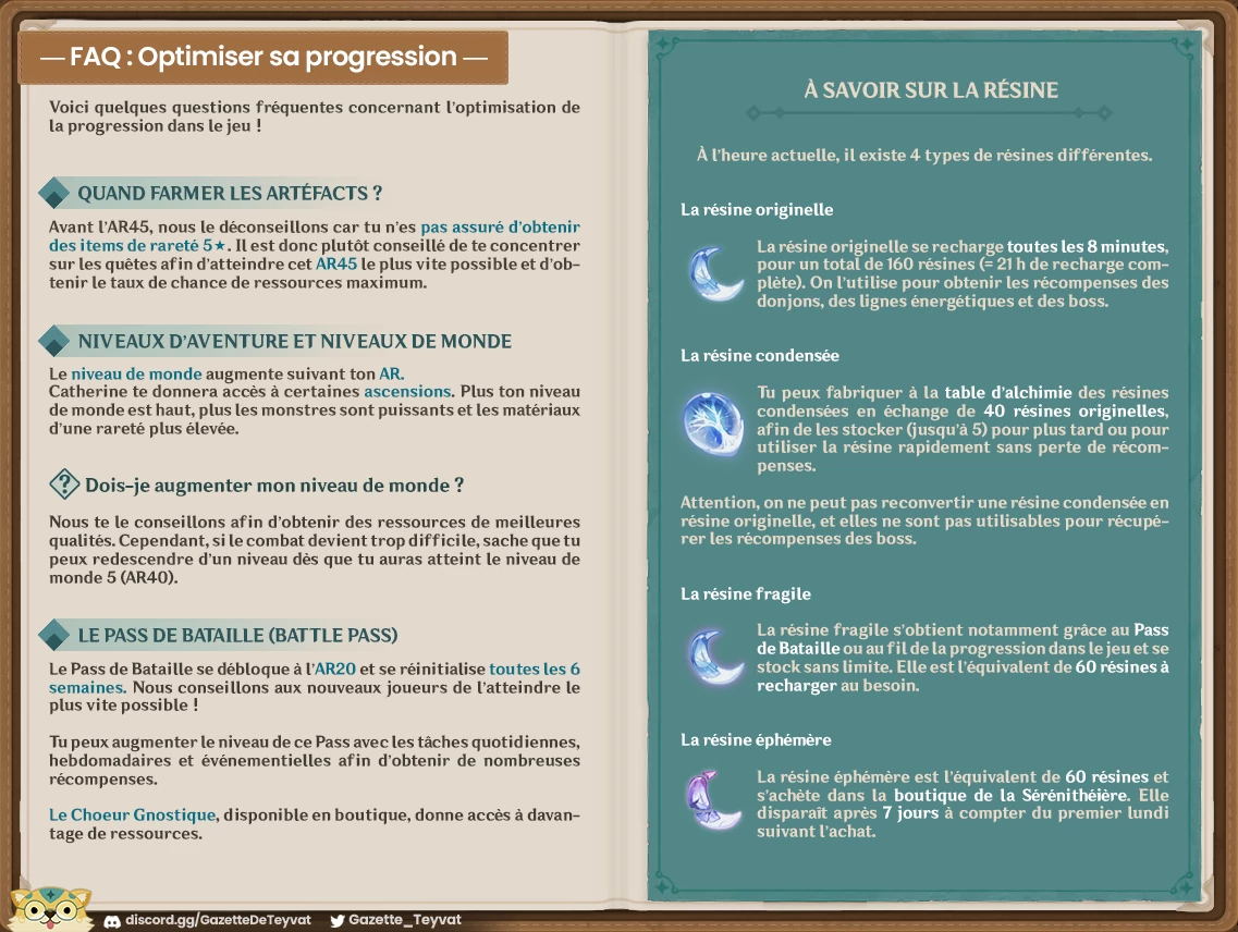 Guide Genshin Impact, FAQ, optimisation de la résine et progression du jeu
